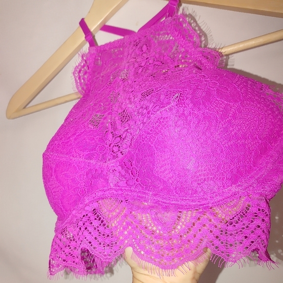 PINK Victoria's Secret Pushup High Neck‎ Lace Bralette XS AA A B Magenta Eyelash - Picture 4 of 6